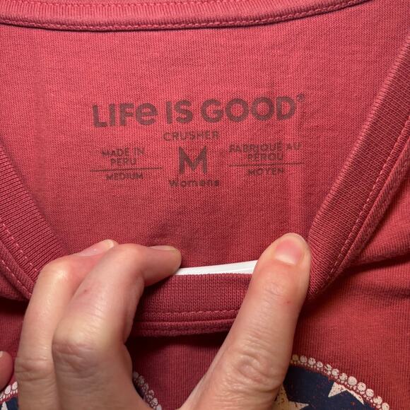 Women's Life is Good Red Blue White Heart Flag Short Sleeve Tee M - Picture 3 of 8